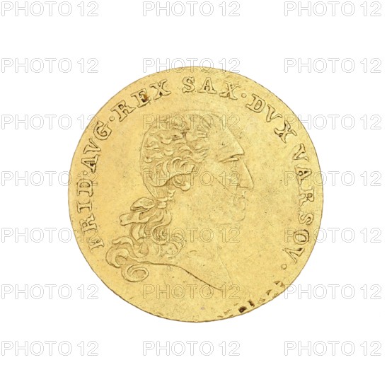 Warsaw ducat; obverse: bust of Frederick Augustus King of Saxony, Duke of Warsaw; 1750–1827; maker: Jakub Benik Intendant of the Mint, 1772–1827; issuer: Duchy of Warsaw 1807–1815; struck at Warsaw; coin., A round gold-colored coin sits against a white background, showing the right-profile bust of a person with long, wavy hair tied at the back and detailed facial features; the coin surface has slight scratches and worn areas, and a raised rim with a ring of embossed characters follows the edge.