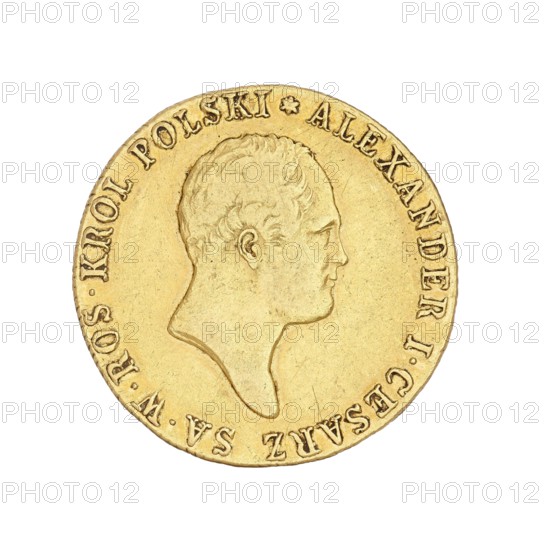 Double Polish zloty - 50 zloty, Alexander I Romanov Emperor of Russia; King of Poland; 1777–1825 author, Benik, Jakub 1772–1827 co-creator; Intendant of the Mint, Warsaw; coin., A circular gold-colored coin with a raised profile of a person's head facing right at the center, surrounded by a raised rim and decorative raised lettering around the edge; the coin shows areas of lighter and darker gold shading and subtle surface scratches and wear.