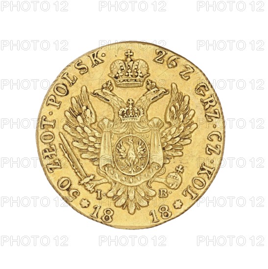 Double Polish zloty - 50 zloty, Alexander I Romanov Emperor of Russia; King of Poland; 1777–1825 author, Benik, Jakub 1772–1827 co-creator; Intendant of the Mint, Warsaw; coin, A circular metallic object with a central raised relief of a double-headed bird wearing crowns and holding a shield, surrounded by decorative elements and an outer raised rim; the surface shows intricate engraving and worn texture with small scratches and dents. The object appears gold in color with variations of darker and lighter yellow-gold tones, and there are subtle brownish areas where the metal looks aged. The background around the object is plain white.