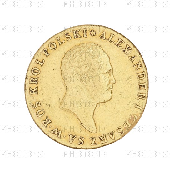 Double Polish zloty - 50 zloty, Alexander I Romanov Emperor of Russia; King of Poland; 1777–1825 author, Benik, Jakub 1772–1827 co-creator; Intendant of the Mint, Warsaw; coin, A single round coin with a raised profile of a person's head facing right occupies the center; the coin surface is metallic gold with some darker gold and brownish wear marks and scratches, and the rim is slightly raised and textured.