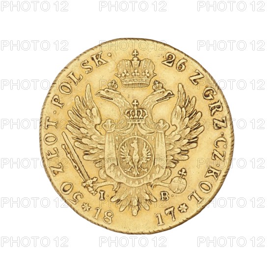 Double Polish zloty - 50 zloty; Alexander I Romanov Emperor of Russia; King of Poland; 1777–1825 author; Jakub Benik 1772–1827, Intendant of the Mint co-creator; Warsaw; coin, A round metallic object with a worn textured surface, predominantly gold in color, featuring an embossed double-headed eagle with outstretched wings and detailed feathers at the center; the eagle wears crowns and holds a sword and orb, and there is an ornate shield on its chest with a smaller emblem inside. The rim of the object shows an evenly spaced raised edge with a few small notches, and there are several decorative dots or floral marks near the lower edge. The overall background is plain white.