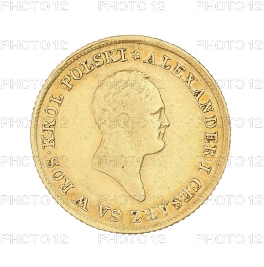 Polish double zloty — 50 zloty; maker: Jakub Benik 1772–1827, Intendant of the Mint; co-author: Alexander I Romanov Emperor of Russia; King of Poland; 1777–1825; mint: Warsaw; object: coin., A round metallic disc with a warm golden color showing a raised profile of a person's head in side view centered on the surface, surrounded by a raised rim and a decorative beaded edge; the disc surface has slight scratches and varied patina with areas of brighter and duller gold.