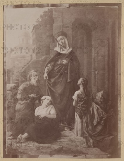 Photograph of a painting: Ignacy Jasinski 1833–1878, Alms; painting, Polish, reproduction of a work of art, distribution of alms, print glued across the entire surface to the verso page of the 15th album page, ca. 1880, photograph of a work of art in an album; photograph: height 14.6 cm, width 11.1 cm., A monochrome image showing a group of figures in front of a stone archway and building ruins, with a taller central female figure standing and wearing a long draped garment and head covering, holding part of her robe and a small object at her chest; a seated older bearded man in worn clothing looks toward her while a reclining woman with a headscarf rests on the ground nearby; a younger girl with long braided hair stands facing the central figure, and another seated figure in draped clothing leans against the stonework; the scene includes rough textured ground, stone walls and archways, distant architectural shapes, and overall tones of brown, beige, and muted sepia.
