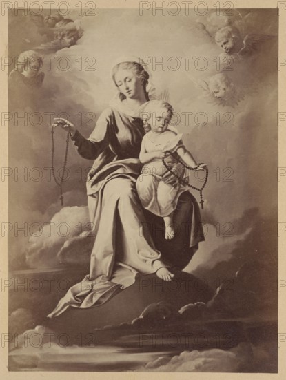 Photograph of a painting: Ignacy Jasinski 1833–1878, Our Lady of the Rosary, 1870; Ignacy Jasinski, Polish painting, reproduction, religious painting; iconography: Our Lady, Our Lady of the Rosary, rosary; print glued across the entire surface to the recto page of the 16th album page, ca. 1880; photograph of a work of art, reproduction of a work of art, photograph in an album; dimensions: height 20.8 cm, width 15.5 cm, A sepia-toned depiction shows a seated woman and a child on a cloud, both wearing flowing draped garments; the woman has a head covering and a calm facial expression with closed eyes, while the child sits on her lap holding a beaded string. The woman's outstretched hand holds another beaded string that hangs down, and both figures have light hair and bare feet visible. Surrounding them are a few small cherubic faces emerging from clouds and soft cloud formations filling the background, all rendered in shades of brown, tan, cream, and muted beige.