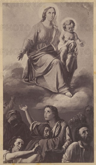 Photograph of a painting: Ignacy Jasinski 1833–1878, Protection of the Blessed Virgin Mary, 1867; Ignacy Jasinski 1833–1878 — reproduction, religious painting, Virgin Mary iconography; print glued across the entire surface to the recto page of the 17th album page, ca. 1880; photograph of a work of art, reproduction of a work of art, photograph in an album; height 20.5 cm, width 11.6 cm., A tall figure in flowing robes sits on a cloud with a smaller childlike figure on their lap; both have faint halos and the tall figure wears a head covering, with drapery folds and exposed feet visible. The child is partially draped and makes a gentle hand gesture. Below them a group of people look upward with varied expressions; one person raises an arm, another clasps someone’s shoulder, and a few have covered or turned faces. The scene is dominated by shades of beige, gray, brown, and muted cream, with soft cloud formations behind the seated figures and darker clothing tones on the people below.