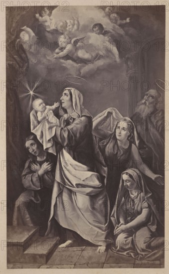 Photograph of a painting: Ignacy Jasinski 1833–1878, The Offering of St. John the Baptist, 1862; Ignacy Jasinski, Polish painting, reproduction, religious painting, John the Baptist — iconography; photograph on cardboard pasted in as the 18th page of an album, ca. 1880; photograph of a work of art, photographic print: height 27.1 cm, width 16.2 cm; cardboard: height 40.2 cm, width 29.8 cm., A grayscale image shows a group of robed figures arranged in a vertical composition beneath a clouded sky with several cherubic figures and a bright star-like light. A central standing woman wearing a hooded garment and flowing drapery holds an infant wrapped in cloth while gazing upward; a faint halo shape hovers above her head. To her left, a seated figure with folded arms looks toward the infant. To her right, a woman with exposed arms looks upward and reaches behind the central figure toward a draped cloth, and a kneeling woman in a headscarf sits with hands clasped, looking downward. An older b...