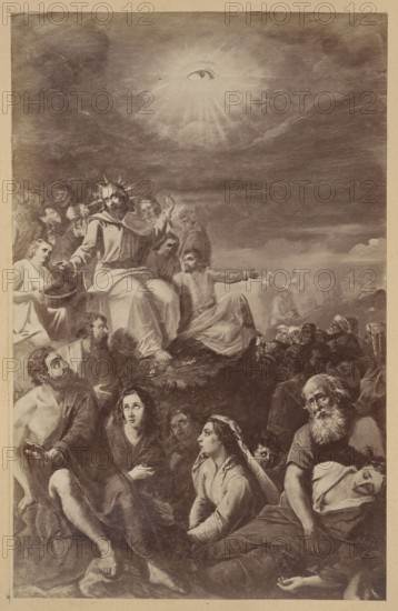 Photograph of a painting: Ignacy Jasinski 1833–1878, Divine Providence for the Church of St. Charles Borromeo at Chlodna Street in Warsaw, 1866; print glued across the entire surface to the recto page of a 19th-century album page, ca. 1880; photograph of a work of art; reproduction of a work of art; photograph in an album; height 21.0 cm, width 13.3 cm; painting; religious painting; Divine Providence iconography., A vertical monochrome image showing a group of people gathered on a rocky slope under a cloudy sky with a bright radiant light source above; the scene includes a central seated figure wearing flowing garments and a circular halo-like shape behind the head, surrounded by several standing and seated figures in robes and cloaks who display varied facial expressions and gestures; in the foreground a few figures sit or recline on the ground with one older bearded person leaning and another younger figure lying with eyes closed; to the left a few people hold a shallow basket or bow...