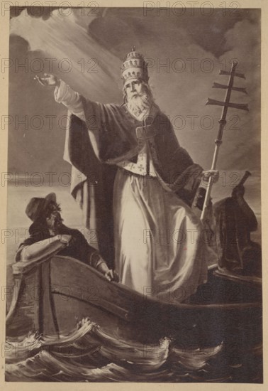 Photograph of a painting: Ignacy Jasinski 1833–1878, St. Wojciech; reproduction of a religious painting depicting Wojciech St. Wojciech; ca. 956–997 — print glued across the entire verso page of a 19th-century album page, ca. 1880; photograph of a work of art; photograph in an album; medium: photograph; dimensions: height 18.7 cm, width 12.8 cm., A sepia-toned scene showing a robed bearded man standing in a boat wearing a tall ornate hat and holding a long staff with crosspieces, his arm extended outward toward the sky where rays of light break through clouds; beside him a seated man in a hat leans on the boat’s edge looking up at the standing figure; the boat rides on stylized waves and there is a cloak or garment draped over part of the boat; visible colors include shades of brown, beige, cream, and darker brown tones.