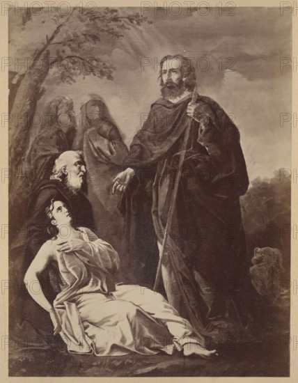Photograph of a painting: Ignacy Jasinski 1833–1878, St. Roch; Ignacy Jasinski 1833–1878 - reproduction, religious painting, Roch St.; ca. 1295–ca. 1327 - iconography; print glued across the entire surface to the recto page of the 20th album page, ca. 1880; photograph, photograph of a work of art, reproduction of a work of art, photograph in an album; height 18.7 cm, width 14.3 cm, A sepia-toned scene shows a group of people outdoors beneath a tree with visible branches and leaves; a standing bearded man in dark robes holds a long staff and gestures with one hand while looking upward, and near him a seated woman in a light draped garment reclines with one hand on her chest and an expression of looking up; behind the woman an older bearded man in darker clothing sits or kneels, and two hooded figures in robes stand or loom in the background; to the right near the standing man's robes a dog with a visible face sits or stands; the overall palette includes shades of brown, beige, dark brow...