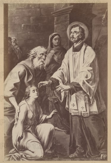 Photograph of a painting: Ignacy Jasinski 1833–1878, St. Valentine; Ignacy Jasinski, Polish painting, painting, reproduction, religious painting, Valentine St. — iconography; print glued across the entire surface to the recto page of the 21st page of an album, ca. 1880; photograph of a work of art; photograph in an album; height 20.1 cm, width 13.2 cm., A sepia-toned scene shows a group of people inside a stone-walled interior. On the right stands a man wearing a long, light-colored robe with decorative trim and a circular halo behind his head; his hands are extended forward. In front of him and lower in the composition is a woman kneeling with long hair and a draped dress, her eyes closed and one hand raised slightly. To the left of her an older bearded man leans toward the kneeling woman, his hair and beard appearing white and his cloak dark. Behind them stands a veiled woman in a darker garment, looking toward the central male figure. In the distant left background a shadowed figure...