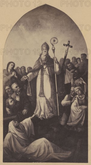 Photograph of a painting: Ignacy Jasinski 1833–1878, St. Stanislaus; Ignacy Jasinski, Polish painting; religious painting depicting Stanislaw of Szczepanów St.; ca. 1030–1079 — iconography; print glued across the entire surface to the recto page of an album page; ca. 1880; reproduction of a work of art; photograph of a work of art; photograph in an album; height 26.5 cm, width 14.2 cm., An arched sepia-toned image shows a central robed figure wearing a tall pointed hat and holding a long ornate staff, surrounded by a group of people with varied expressions; several figures kneel or sit at the foreground while a few stand behind, and one person holds a cross upright; the clothing includes flowing robes, capes, and headscarves in shades of brown, beige, and muted cream, and the background is a smooth gradient of darker to lighter brown tones.