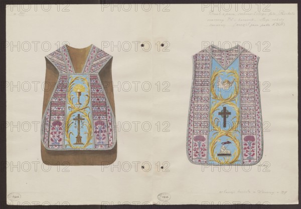 Siennica Masovian Voivodeship. A violin chasuble made of a silver-leaf belt from the Paschalis Jakubowicz factory in Lipków 1790–1794 and a blue column embroidered in gold, from the furnishings of the post-Reformati Church of the Presentation of the Blessed Virgin Mary — back view in a scale of 1:5, Sztolcman, Wladyslaw Roman 1873–1950 painter/author; Siennica Masovian Voivodeship, post-Reformati Church of the Presentation of the Blessed Virgin Mary Siennica; drawing documentation; chasubles; fabrics; clothing; Paschalis Manufactory Jakubowicz belt manufacturer; 1788–1794; liturgical vestments; liturgical fabrics; clergy clothing; kontusz belts; 1917 before 21.09.1917; artistic documentation; watercolor; drawing, The image shows a flat illustration of two ornate vestment-like garments side by side on a light beige background with a vertical crease down the center; both garments feature a central vertical panel in pale blue adorned with golden vine-like scrolls and religious motifs, fla...