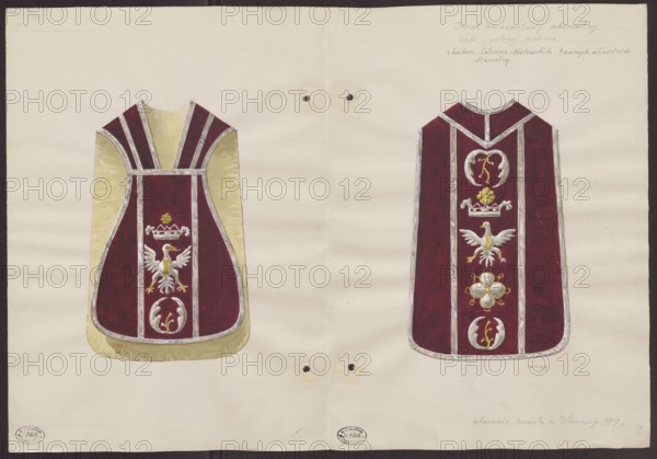 Siennica Masovian Voivodeship. A violin chasuble made of red velvet, with silver braid and earlier embroidery on the column, sewn in at the end of the 19th century, from the furnishings of the post-Reformati Church of the Presentation of the Blessed Virgin Mary - front view in a scale of 1:5; drawing, watercolor; maker: Wladyslaw Roman Sztolcman 1873–1950; subjects/ motifs: eagle, coats of arms; functions: liturgical vestment chasuble; date: 1917 before 21.09.1917., The image shows a flat sheet with two painted garment designs placed side by side on a pale cream background; both garments feature a deep burgundy central panel bordered with metallic silver trim and pale yellow-beige side or backing areas. The left garment has a sleeveless shape with pale yellow-beige sides and a burgundy central front decorated with a small floral motif above a stylized white bird with yellow accents and a rounded ornamental element below, all outlined in silver. The right garment is a longer, narrow ves...