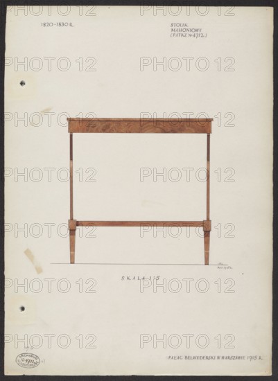Mahogany table from the furnishings of the Belweder Palace in 1915 — front view at 1:5 scale. Maker/draughtsman: Mieczyslaw Kotarbinski 1890–1943. Furniture; Biedermeier style; 19th century; tables. Related to Belweder Warsaw; palaces; crafts; World War I 1914–1918; dated 1915 before 20.09.1915. Artistic documentation: drawing and watercolor. Watercolor composition: height 14.2 cm, width 14.2 cm. Card: height 36.0 cm, width 26.1 cm., The image shows a drawing of a simple wooden table viewed from the front, rendered on a cream-colored sheet with a dark border; the table has a rectangular top with a mottled brown wood grain, slender straight legs in a medium brown tone connected by a horizontal stretcher in a similar brown, and small block-like ankle sections where the legs meet the stretcher; the background sheet is off-white with a few faint stains and beige tape marks, and there is a small circular dark hole near the left edge.