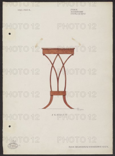 A mahogany table from the furnishings of the Belweder Palace in 1915 — side view in a scale of 1:5. Kotarbinski, Mieczyslaw 1890–1943 author/illustrator. Furniture; Biedermeier style; 19th century; Belweder Warsaw; tables; crafts; palaces; World War 1914–1918; 1915 before 20.09.1915; Warsaw. Artistic documentation: drawing, watercolor. Composition watercolor height 14.2 cm, width 7.8 cm; card height 36.0 cm, width 26.1 cm., A drawing of a wooden pedestal-style table rendered on a cream background, showing a rectangular top with visible wood grain in brown tones, a narrow central column formed by several curved wooden slats that intersect to create arch-like shapes, a small rectangular block near the base, and outwardly curved feet finished in the same brown wood tones; the image includes a few small tape marks and a couple of dark circular holes near the left edge, with overall colors of cream, brown, and small dark accents.