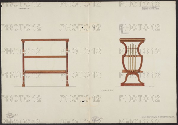 Mahogany table-etagère from the furnishings of the Belweder Palace, front and side views scale 1:5. Draughtsman: Mieczyslaw Kotarbinski 1890–1943. Furniture; Belweder Warsaw; Biedermeier style; 19th century; tables, étagères. Artistic documentation: watercolor drawing on card; height 35.9 cm, width 51.8 cm card when unfolded. Dated 1915 before September 20, 1915. Palaces; World War I. Warsaw Masovian Voivodeship., The image shows a flat, off-white page with a vertical crease down the center and two small punched holes near the middle; on the left side there is a simple wooden shelving unit with a rectangular top and base, vertical supports, and two horizontal shelves, rendered in brown and darker brown tones with thin darker accents; on the right side there is a decorative wooden stand with a curved, lyre-like shape and vertical rod elements in golden yellow between the curved sides, sitting on a shaped base, rendered in brown and reddish-brown hues with darker outlines; faint pencil l...