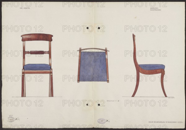 Mahogany chair from the furnishings of the Belweder Palace in 1915 — front, top and side views in a scale of 1:5; drawing and watercolor by Mieczyslaw Kotarbinski 1890–1943; Belweder Warsaw; Biedermeier style; chair; 19th century; palaces; World War I 1914–1918; dated 1915 before September 20, 1915; artistic documentation; card when unfolded height 36.0 cm, width 52.2 cm., The image shows a sheet with three hand-drawn chair illustrations arranged across it: a front view of a wooden chair with a curved top rail and a blue seat cushion on the left, a rear or underside view of a chair seat with wooden frame and a blue fabric panel in the center, and a side profile of a wooden chair with a curved back and a blue upholstered seat on the right; the drawings use brown tones for the wood and blue for the upholstery, and the sheet background is off-white with a few small darker spots.