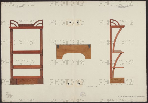 Standing shelf made of mahogany wood from the furnishings of the Belweder Palace; front, top and side views at a scale of 1:5. Draughtsman: Mieczyslaw Kotarbinski 1890–1943. Biedermeier style; furniture, shelves; 19th century. Artistic documentation: drawing and watercolor on card; dimensions when unfolded: height 36.0 cm, width 52.0 cm. Date: 1915 before 20.09.1915. Location: Warsaw Masovian Voivodeship. World War I context., A drawing of a wooden shelving unit shown from three viewpoints on a light beige background, with a front view on the left, a side view on the right, and a smaller detached wooden panel piece in the center; the shelves and vertical supports are rendered in reddish-brown and medium brown wood tones, with darker brown base blocks and small dark gray metal brackets on the central panel; the shelving unit has curved decorative upper elements in reddish-brown, straight horizontal shelves, and curved vertical supports in the side view, with subtle shading and thin blac...