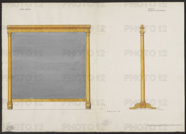 Ash wood screen from the furnishings of the Belweder Palace in 1915 — front and side views in a scale of 1:5. Maszynski, Mariusz 1888–1944, draughtsman/author. Belweder Warsaw; furniture; Biedermeier style; fireplace screen; 19th century; Warsaw Masovian Voivodeship; palaces; World War 1914–1918; inventory, 1915 before 20/09/1915; artistic documentation; drawing, watercolor on card; height 35.9 cm, width 51.6 cm card when unfolded., A two-page drawing showing a large rectangular frame with a wide grey interior bordered by a yellowish wood frame on the left page and a tall, slender yellowish wooden column with a decorative top and a curved base on the right page, both set against a cream background with a dark border around the outer edge; visible colors include grey, yellowish brown, cream, and dark brown.