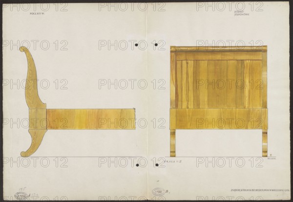 Ash wood bed from the early 19th century, part of the furnishings of the Belweder Palace in 1915 — front views and part of the side in a scale of 1:5; draughtsman: Mariusz Maszynski 1888–1944; Biedermeier style; furniture — bed; 19th century; Warsaw Masovian Voivodeship; artistic documentation: watercolor and drawing on card; dimensions when unfolded: height 35.8 cm, width 52.2 cm; dated 1915 before 20/09/1915., The image shows a two-page drawing of a wooden bed rendered in warm yellow and brown tones, with a side view on the left featuring a curved, ornamental foot and a long horizontal rail, and a front view on the right showing a rectangular headboard with visible wood grain panels and straight legs; the background is off-white with a few small dark circular holes near the center fold and faint pencil lines along the bottom.