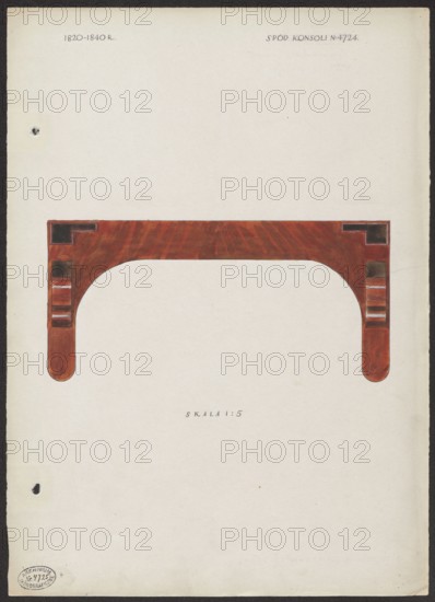 Underside of a mahogany console from the furnishings of the Belweder Palace, 1915 — views in a scale of 1:5. Maszynski, Mariusz 1888–1944 illustrator/author. Belweder Warsaw; furniture; Biedermeier style; consoles; 19th century; Warsaw Masovian Voivodeship; palaces; World War I 1914–1918; dated 1915 before September 20, 1915; artistic documentation; drawing and watercolor on card; height 36.1 cm, width 26.0 cm., A large off-white sheet with a rectangular brown wooden decorative arch or bracket centered horizontally near the upper half, showing wood grain and darker brown square insets at each top corner and along the vertical legs, with rounded ends on the legs; the area outside the wood is mostly plain off-white with slight discoloration spots and a small dark round blemish near the left edge, and the visible colors are brown, dark brown, off-white, and a hint of black.