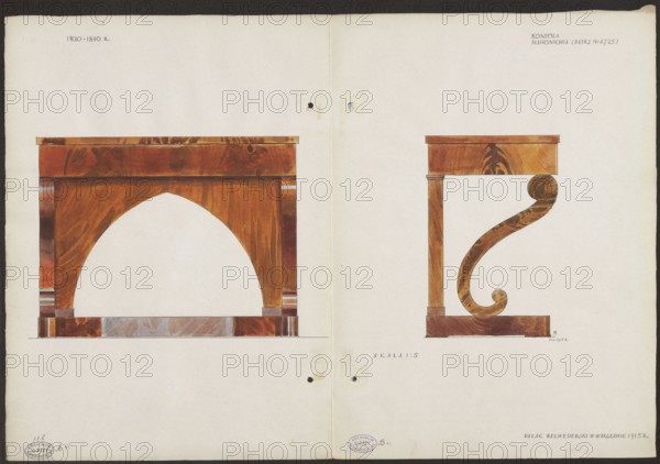 Mahogany console from the furnishings of the Belweder Palace in 1915 — front and side views in a scale of 1:5; draughtsman: Mariusz Maszynski 1888–1944. Belweder Warsaw; furniture; consoles; Biedermeier style; Warsaw Masovian Voivodeship; 19th century; artistic documentation: drawing, watercolor on card; height 36.0 cm, width 52.6 cm card when unfolded; dated 1915 before 20.09.1915; World War 1914–1918; palaces., The image shows a two-page spread with an architectural drawing of a wooden fireplace surround on the left and a side view of a decorative wooden bracket on the right. The fireplace surround is depicted in warm brown and reddish-brown wood tones with visible grain patterns and a large arched opening; there are darker brown vertical supports at each side and a lighter brown horizontal base with subtle grayish-brown marbling. The bracket drawing shows a straight vertical post and a curved S-shaped scroll support rendered in the same warm brown and reddish-brown wood tones with v...
