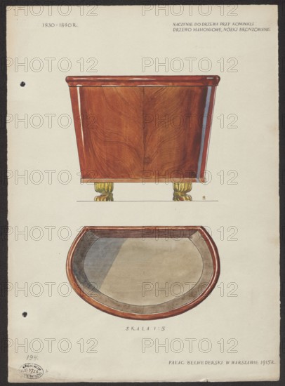 Fireplace wood vessel made of mahogany with bronzed legs from the furnishings of the Belweder Palace, front and top views at scale 1:5; draughtsman: Mariusz Maszynski 1888–1944; furniture in Biedermeier style; fireplaces; baskets; 19th century; World War 1914–1918; 1915 before 20.09.1915; Warsaw Masovian Voivodeship — artistic documentation, drawing and watercolor on card; height 36.0 cm, width 26.0 cm., The image shows a drawn depiction of a wooden container with a rectangular tapered body and a rounded rim, rendered in brown wood tones with visible wood grain and highlights, resting on a pair of short carved feet colored in yellow and gold tones; below that is a top-down view of a rounded, oval tray or basin with a reddish-brown rim and interior surfaces in muted gray and beige tones.