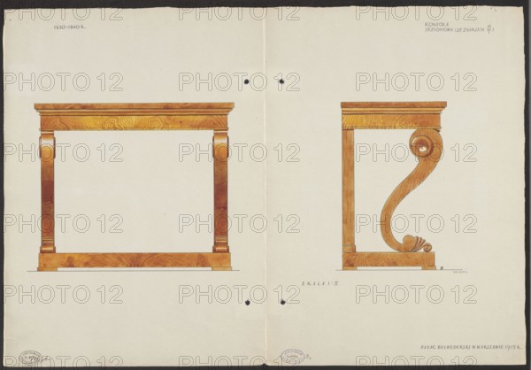 Ash wood console from the furnishings of the Belweder Palace, front and side views in a scale of 1:5; draughtsman Jan Malachowski 1886–1917. Pen and watercolor on card, artistic documentation drawing; 1915 before September 20, 1915. Card unfolded height 35.9 cm, width 52.1 cm. Style/period: 19th century; subject: console; place: Warsaw Masovian Voivodeship; historical context: World War I., A flat cream background with a two-page spread showing two wood-colored furniture sketches rendered in warm brown, amber, and golden tones with visible wood grain; the left page shows a rectangular table-like frame with straight legs and a broad top and base, the right page shows a side view with a straight inner support and an ornate S-shaped scroll leg ending in a carved shell-like foot, both sit centered on their pages, there are a few small dark circular holes near the center fold and a few faint stamps or marks near the outer edges, the paper edges are slightly darker and the overall palette in...
