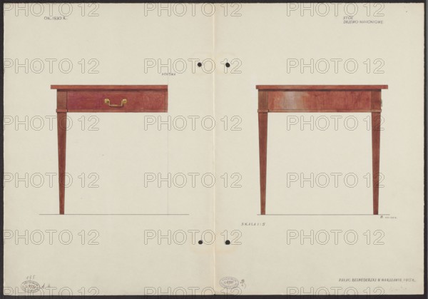 Mahogany table from the furnishings of the Belweder Palace, front, half and side views at scale 1:5; Jan Malachowski 1886–1917, illustrator/author; furniture; Belweder Warsaw; 19th century; desks; Biedermeier style; tables; palaces; World War 1914–1918; 1915 before September 20, 1915; artistic documentation, drawing, watercolor; height 36.0 cm, width 51.8 cm., The image shows a flat drawing of two wooden tables on a pale cream background, each table rendered in reddish-brown tones with visible wood grain and darker brown legs that taper downward; the left table includes a brass-colored handle on a drawer front while the right table shows the plain front edge and the same leg style; there are a few small circular holes near the vertical center fold of the paper that are surrounded by light tan discoloration, and the sheet edges are slightly darker with a narrow dark border.