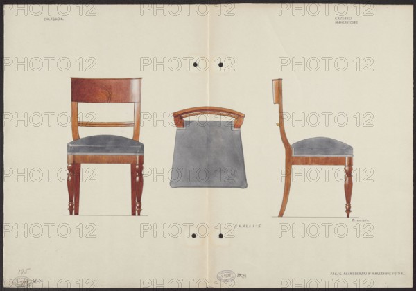 Mahogany chair from the furnishings of the Belweder Palace in 1915 — front, top and side views in a scale of 1:5; Malachowski, Jan 1886–1917 author/illustrator; Belweder Warsaw; furniture; Biedermeier style; chairs; 19th century; Warsaw Masovian Voivodeship; palaces; World War 1914–1918; 1915 before September 20, 1915; artistic documentation; drawing, watercolor; height 36.0 cm, width 52.0 cm, The image shows a drawing of three wooden chairs arranged across a light beige background: on the left a front view of a chair with a reddish-brown wooden backrest and turned front legs, a grey upholstered seat, and a simple horizontal slat; in the center a top-down view of a seat cushion with a reddish-brown wooden handle or small back piece at the top and a grey cushion body; on the right a side view of a chair with a curved reddish-brown wooden back and legs, a grey upholstered seat, and a turned front leg; the paper has a faint vertical crease down the middle and small circular discolorations...