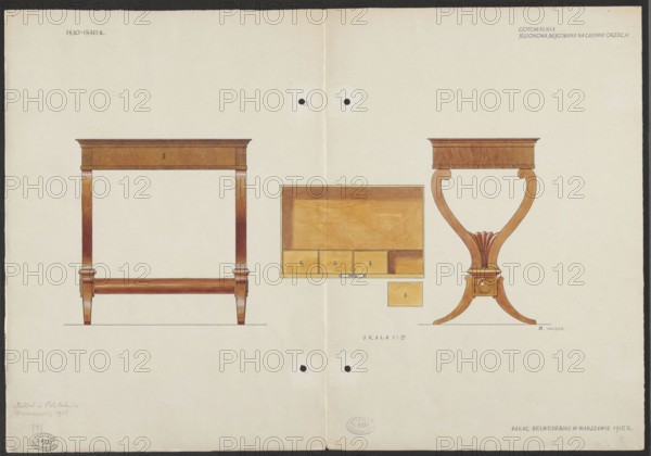 Cookable ash wood, stained dark walnut, dressing table from the furnishings of the Belweder Palace, front, top and side views in a scale of 1:5; Malachowski, Jan 1886–1917 illustrator/author; Belweder Warsaw; furniture; dressing tables; Warsaw Masovian Voivodeship; Biedermeier style; 19th century; palaces; World War 1914–1918; 1915 before 20.09.1915; artistic documentation; drawing, watercolor; height 36.1 cm, width 52.2 cm, The image shows a large sheet with a pale cream background containing three rendered wooden furniture elements: on the left a rectangular table-like frame with straight legs and a horizontal stretcher, in warm brown and golden wood tones with darker brown shading; in the center a shallow rectangular box or drawer unit shown open with interior panels and a few small drawer fronts in light golden and tan wood tones; on the right a sculptural pedestal with a flat top and an ornate curved central support flaring into stylized leaf forms and splayed feet, rendered in me...