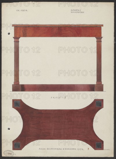Mahogany console from the furnishings of the Belweder Palace in 1915 — front and bottom views at scale 1:5; drawing and watercolor by Mariusz Maszynski 1888–1944. Biedermeier style furniture console, 19th century; palaces; World War I inventory, 1915 before October 9, 1915; artistic documentation. Card: height 35.8 cm, width 26.0 cm. Warsaw Masovian Voivodeship., A drawing of a wooden furniture piece shown in two views on a cream-colored sheet, rendered in brown and reddish-brown tones with darker wood-grain patterns and subtle black shading; the top view shows a rectangular horizontal beam supported by a pair of vertical columns with simple square bases and small molded capitals, all in reddish-brown and brown; below, a plan view shows a large curved tabletop or stretcher with rounded cut-in corners and four small square dark insets at the corners, colored in deep reddish-brown with darker patches; the sheet has a black border, a few small dark punched holes near the left edge, and so...
