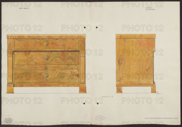 Ash wood chest of drawers from the furnishings of the Belweder Palace in 1915 — front and side views in a scale of 1:5; draughtsman: Mariusz Maszynski 1888–1944; Belweder Warsaw; Biedermeier style; chests of drawers, furniture; Warsaw Masovian Voivodeship; 19th century; artistic documentation: drawing, watercolor on card; dimensions card unfolded: height 35.8 cm, width 52.0 cm; date: 1915 before October 9, 1915., A drawing of a wooden chest of drawers shown from the front and side on a pale background, with the chest depicted in warm brown and golden wood tones with visible grain patterns, darker brown outlining and small circular keyhole details, and small base supports in similar wood colors; the background is off-white with a narrow dark border around the edges and a couple of small punched holes near the center.