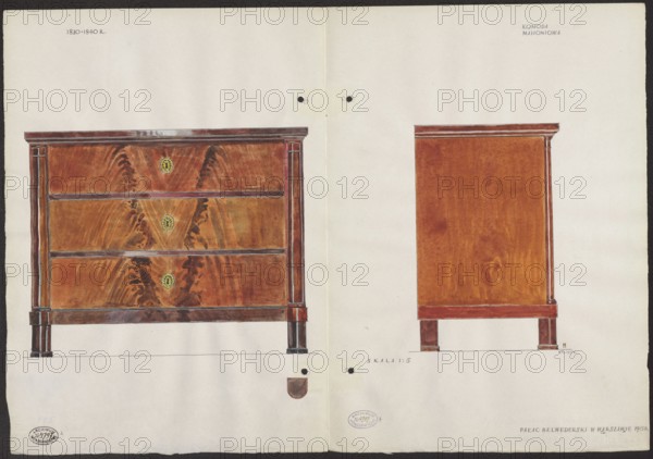 Mahogany chest of drawers from the furnishings of the Belweder Palace, front and side views at scale 1:5; drawn and watercolored by Mariusz Maszynski 1888–1944. Biedermeier-style furniture chest of drawers, Warsaw Masovian Voivodeship, 19th century; artistic documentation dated 1915 before 9.10.1915. Card when unfolded height 36.0 cm, width 51.6 cm., The image shows a two-page drawing of a wooden chest of drawers with a front view on the left and a side view on the right, rendered in brown and reddish-brown tones with darker brown highlights and black outlines; the chest has three drawer fronts with visible wood grain patterns and decorative oval key escutcheons in a contrasting yellowish color, flanked by vertical pilaster-like side elements and short blocky legs finished in dark brown, all set against an off-white paper background with faintly visible crease down the center and small circular punched holes near the top and bottom edges.