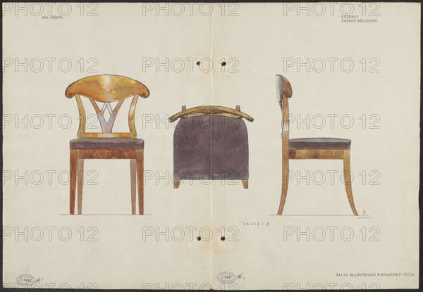 A birch wood chair from the furnishings of the Belweder Palace in 1915 — front, top and side views in a scale of 1:5; drawing and watercolor by Mariusz Maszynski 1888–1944; Biedermeier style; chairs, furniture; 19th century; Warsaw Masovian Voivodeship; artistic documentation; World War I 1914–1918; dated 1915 before November 3, 1915; card: height 35.9 cm, width 52.2 cm card when unfolded., The image shows three drawn views of a wooden chair on a light beige background: a front view on the left, a rear view in the center, and a side view on the right. The chair has a curved top rail and a decorative back splat with an inverted triangular motif in a pale grayish tone, while the wooden frame displays shades of warm brown and amber with visible wood grain. The seat cushion appears in a muted purple or dark mauve color. The rear view shows the back of the seat covered in the same muted purple, with a curved wooden brace in brown and amber on top. There are small circular marks and faint di...