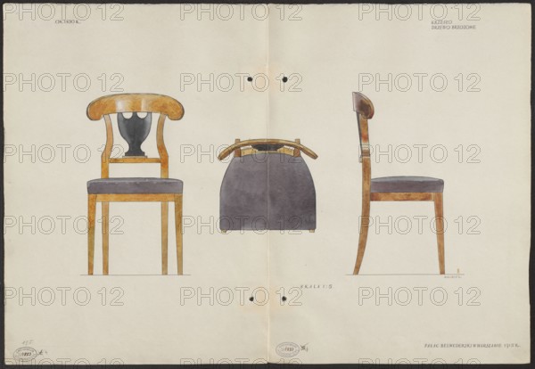 A birch wood chair from the furnishings of the Belweder Palace in 1915 — front, top and side views in a scale of 1:5; Maszynski, Mariusz 1888–1944 author; furniture; Belweder Warsaw; Biedermeier style; chair; 19th century; Warsaw Masovian Voivodeship; palaces; World War I 1914–1918; 1915 before November 3, 1915; artistic documentation; drawing; watercolor on card; dimensions when unfolded: height 36.0 cm, width 52.5 cm., The image shows three watercolor illustrations of a wooden chair from different angles on a light beige background: a front view with a curved top rail and a decorative dark central splat above a grey padded seat, a rear view showing a rounded grey backrest with a curved wooden top piece, and a side view revealing the chair's curved back leg, wooden frame, and grey seat cushion; visible colors include shades of brown, grey, black, and beige.