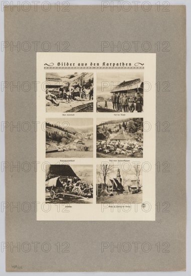 Two illustrations after photographs from The Illustrated War News 1915: 1 April 14, 1915, showing Austrian engineers repairing a bridge in the Carpathians; 2 April 28, 1915, showing Austrian chasseurs building trenches in the snow. World War I; Galicia; soldiers, bridges, Carpathians, builders, engineers, mountain landscapes, winter. Two illustrations glued across the entire surface onto a common cardboard; illustration; print; press illustration., A rectangular cream-colored sheet with a grid of six sepia-toned photographic images is mounted on a larger gray board; the photos show outdoor rural scenes including people, wooden buildings with thatched or shingled roofs, animals, carts, and landscape views with rolling hills and trees. The largest surrounding area is gray, the mounted sheet is cream, and the photos are brownish sepia with darker and lighter tones; visible clothing on people includes darker garments and hats, and there are wooden textures in roofs and carts, grassy and wo...