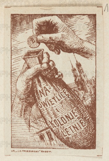 A depiction of a hand putting a coin into a purse with the inscription FOR THE COMMUNICATION CENTRE AND SUMMER CAMP; artist: Jan Kanty Trzebinski; lithograph; Radom printing house; 1917; charity stamps; graphic print ephemera; philanthropy; Poland; World War I; 20th century., The image shows a sepia-toned drawing of two hands; one hand holds a rounded bottle-like object wrapped in cloth and the other hand is poised above it holding a small round disc. The scene is framed by a rectangular border with hatched shading around the edges. The bottle and hands are rendered with dense crosshatching and line work; there are areas of darker brown shading on the hands and bottle and lighter beige background with scattered linear marks. In the lower part of the image there is a suggestion of vertical and diagonal lines that form abstract shapes and a hint of architectural forms near the right edge, all depicted in the same brown ink on a cream-colored paper.