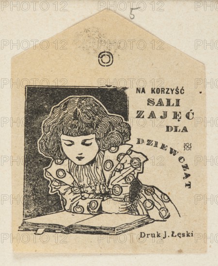 A collection point poster depicting a girl reading a book with the inscription FOR THE BENEFIT OF A CLASSROOM FOR GIRLS; Józef Leski printing house ?, charity stamps, charity, Poland, World War 1914–1918, 1917, Radom Masovian Voivodeship, print, ephemera, children, 20th century, purchase provenance, A printed illustration on beige paper shows a young person with short wavy hair and closed eyes leaning over an open book, wearing a patterned garment with circular motifs and ruffled sleeves, with bold black ink lines and shading creating contrast against the paper; there is a rectangular dark background behind the figure and a small circular stamp mark above, with visible black ink smudges and aged paper texture in beige and off-white tones.