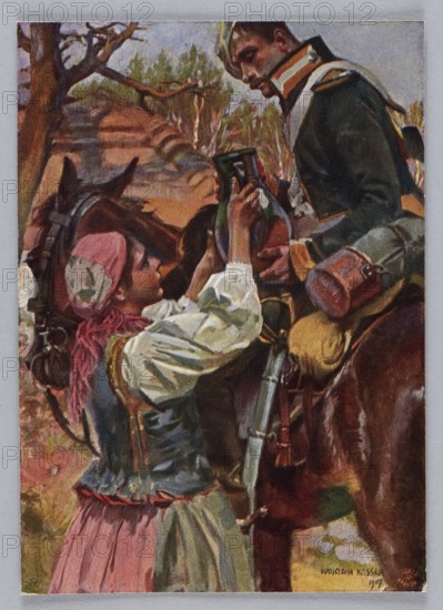 Reproduction of a painting: Wojciech Kossak 1856–1942, Meal for the Wounded, painting, Polish painting, Kossak, Wojciech 1856–1942 - reproduction, army, 1908, postcard, color postcard, reproduction of a work of art, height 11.9 cm, width 8.5 cm, A young woman wearing a pink headscarf and a dress with a blue bodice and light-colored sleeves is handing a green container to a man in a dark uniform with yellow trim who sits on a brown horse; the scene includes the horse’s tack, a few bags and straps, and a background of trees and earthy tones with greens, browns, pinks, creams, and touches of yellow.