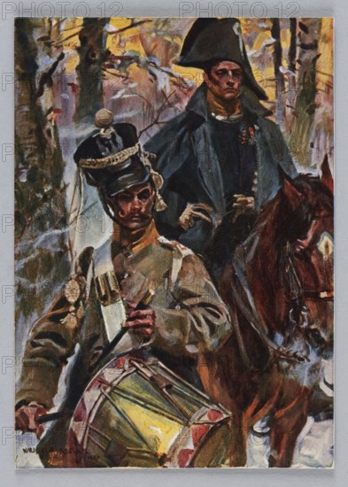 Reproduction of a painting: Wojciech Kossak 1856-1942, Officer and Drummer in the Battle of Grochów, 1907; Publishing House of the Salon of Polish Painters Kraków ; 1895-1949 publisher; painting; Polish painting; Kossak, Wojciech 1856-1942; reproduction; army; 1908; Kraków; postcard; color postcard; reproduction of a work of art; height 12.1 cm; width 8.5 cm, A painted scene showing a group of two men in historical military clothing in a wooded setting, with a few trees and autumnal foliage in the background; one man in the foreground wears a dark shako hat with decorative braid and a muted green-brown uniform and holds a drum and drumstick, the drum displaying triangular patterns and yellow and red tones; the other man is behind him wearing a dark cloak and a large bicorne hat, seated on or beside a brown horse whose head and mane are visible; visible colors include brown, dark green, yellow, red, black, white, and muted ochre, with brushstrokes suggesting shadows and highlights acros...