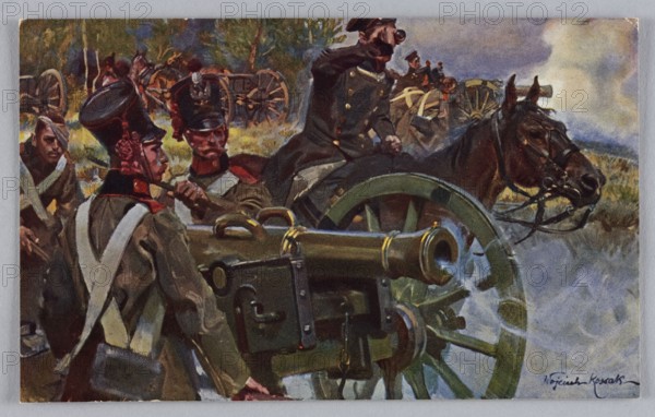Reproduction of a painting: Wojciech Kossak 1856–1942, Artillery in Fire, 1906; painting; Polish; battle scene; reproduction; color postcard; 1908; height 8.4 cm, width 13.6 cm., A painted scene shows a group of soldiers operating a large field cannon with a wooden-spoked wheel, with a dark brown horse harnessed nearby. Several figures wear military uniforms with dark hats and light cross-belts, and one figure in a darker coat raises an arm to his mouth. The foreground features the metallic barrel of the cannon with smoke around its muzzle and parts of the carriage in green and dark tones. Background elements include a few wooden wheels, trees with green and brown foliage, and a sky with bluish, gray, and pale tones. Visible colors include green, brown, dark blue, gray, black, red, and pale yellow.