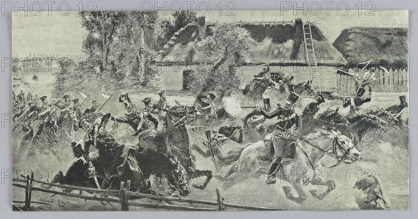 Reproduction of a painting: Wojciech Kossak 1856–1942, The Battle of Mlynarzami, 1890, painting, Polish painting, battle scenes, battles, ca. 1900, illustration, reproduction of a work of art, height 10.9 cm, width 21.7 cm, A grayscale scene shows a chaotic mounted skirmish in front of a thatched-roof cottage and a wooden fence, with several riders in uniformed attire on galloping horses and a few fallen or struggling figures among them; there are a few riders brandishing long weapons and a few firing small arms with visible flashes, while other riders lean or tumble from their mounts. Surrounding the cottage are trees and bushes, and a ladder leans against the roof near a small cluster of outbuildings and a picket fence. In the foreground a broken wooden rail fence runs across the bottom edge, and a couple of animals are visible near the lower right. The dominant colors are shades of gray, black, and off-white.