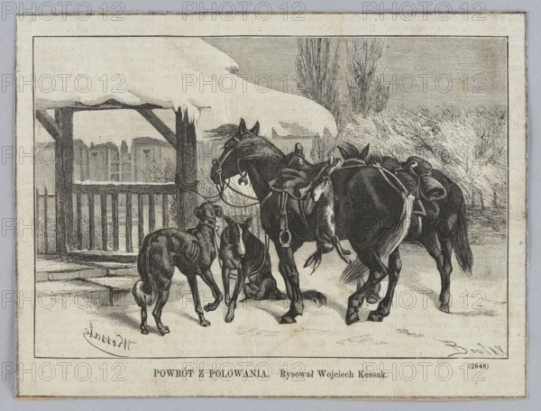 Returning from the hunt; 1874; painting reproduced as a press illustration; artist: Wojciech Kossak 1856–1942; graphic artist: Ernest Boulay fl. 1872–1875; Polish painting; hunting subject; graphics/reproduction; Warsaw.
