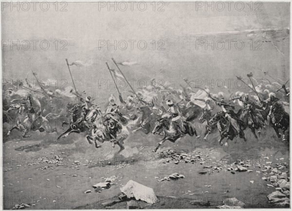 Reproduction of a painting: Wojciech Kossak 1856–1942, Fragment of the panorama The Battle of the Pyramids The main forces of the Mamluks, rushing with mad imagination towards the French quadrangle. The commander-in-chief of the Mamluks, Murad-Bey, painting, Polish painting, Kossak, Wojciech 1856–1942 - reproduction, battles, soldiers, battle scenes, Battle of the Pyramids 1798, panoramas painting, 1901, press illustration, reproduction of a work of art, A grayscale scene shows a group of horsemen charging across rocky ground, their horses captured mid-gallop with dust or smoke trailing behind. The riders wear flowing garments and head coverings, and several hold long poles with fabric banners that ripple in the air. The foreground contains scattered rocks and a larger stone slab, while the background fades into a misty expanse. Visible colors include shades of gray, black, and white.