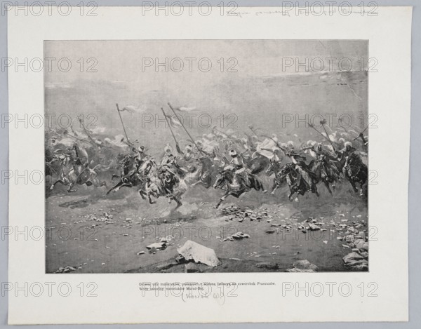 Reproduction of a painting: Wojciech Kossak 1856–1942, Fragment of the panorama The Battle of the Pyramids The main forces of the Mamluks, rushing with mad imagination towards the French quadrangle. The commander-in-chief of the Mamluks, Murad-Bey, painting, Polish painting, Kossak, Wojciech 1856–1942 - reproduction, battles, soldiers, battle scenes, Battle of the Pyramids 1798, panoramas painting, 1901, Warsaw, press illustration, reproduction of a work of art, The image shows a monochrome scene with a large group of mounted figures charging across a dusty terrain; several horses rear or gallop with riders leaning forward, many holding long lances with fluttering pennants, and a few riders wearing turbans or head coverings. The foreground contains scattered rocks and debris and a few larger stones, while the background fades into a hazy sky and dust cloud. The predominant colors visible are shades of gray, black, and white.