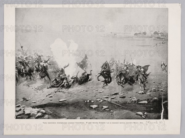 Reproduction of a painting: Wojciech Kossak 1856–1942, Fragment of The Battle of the Pyramids Crowds of Mamluks decimated by French cannons, painting, Polish painting, Kossak, Wojciech 1856–1942 — reproduction, horses, battles, soldiers, battle scenes, Battle of the Pyramids 1798, painting panoramas, illustration, 1901, Warsaw, reproduction of a work of art, A grayscale scene depicting a chaotic mounted charge across dusty ground with a group of riders and horses in various dynamic poses, some rearing or falling, a few horses on their sides, and several riders brandishing lances or leaning forward; a bright pale cloud or plume of smoke rises near the center-left, while the background shows a faint shoreline with a group of small structures and scattered trees; the foreground contains scattered rocks and debris across rough terrain.