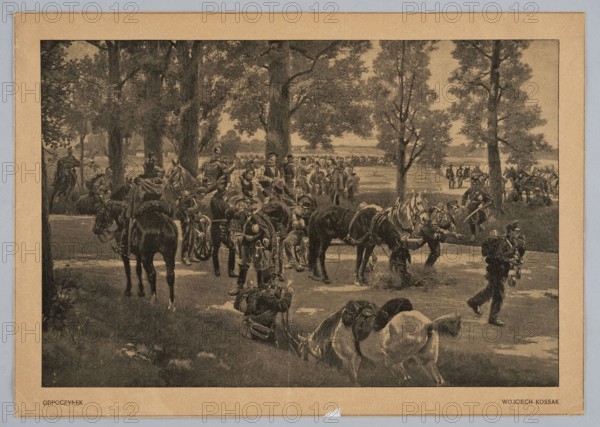 Reproduction of a painting: Wojciech Kossak 1856–1942, Rest; painting; Polish painting; Kossak, Wojciech 1856–1942 — reproduction; horses; soldiers; 1901; press illustration; reproduction of a work of art; Warsaw., The sepia-toned image shows a large outdoor scene with a group of people and horses gathered under and around tall trees, with grassy ground and a road or path running through. Several mounted figures and a group of people stand or sit near wagons and harnessed horses, while a few individuals are walking along the path. In the foreground a few horses graze or stand near the edge of the grass, and a person sits or reclines on the ground beside them. The trees have dense foliage and create shaded areas, and in the background a larger group of figures and horses extends toward an open field. Visible colors include brown, beige, black, gray, and muted greenish tones.