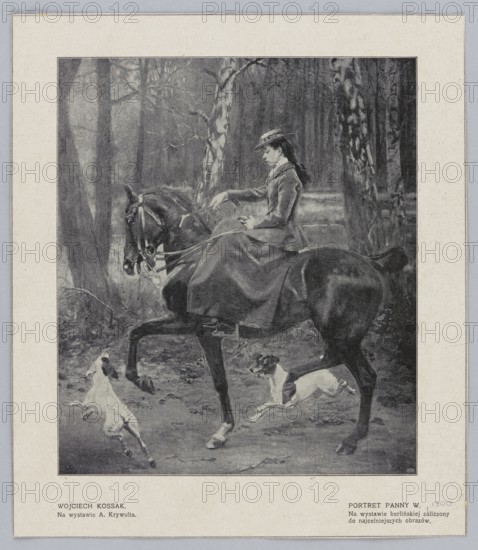 Reproduction of a painting: Wojciech Kossak 1856–1942, Portrait of Miss W., 1900, painting, Polish painting, Kossak, Wojciech 1856–1942 - reproduction, horses, portraits, portraits of women, equestrian portraits, not before 1900, press illustration, reproduction of a work of art, A grayscale scene shows a woman seated side-saddle on a dark horse in a wooded setting, wearing a fitted jacket and a hat with a ribbon, her long skirt draped over the horse; the horse lifts a foreleg as if stepping, and two small dogs, light-colored with darker markings, leap nearby on the leaf-strewn ground; birch and other trees with visible trunks and branches form a forested background, and the overall palette is shades of gray, black, and white.