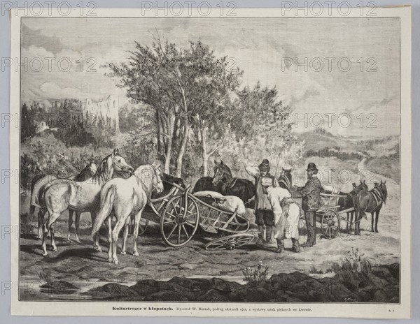 Kulturtreger in trouble — after a watercolor by Juliusz Kossak; creators: Juliusz Kossak 1824–1899, original draughtsman, Wojciech Kossak 1856–1942, draughtsman/reproduction, Edward Nicz 1851–1916, engraver; publisher unknown. Painting reproduction/graphic art/press illustration; subjects: horses, peasant carts. Date: ca. 1870–1880., A black-and-white illustration shows a rural scene with a group of horses and people around two wooden carts, one partially overturned. Several horses stand close together near the broken cart, showing visible musculature and flowing manes and tails. A few people in period clothing, including coats and hats, are gathered near the carts, some bent over inspecting the damage and one standing upright beside the other intact cart. Tall trees with detailed branches and leaves occupy the middle ground, and distant rolling hills and a winding path extend into the background under a cloudy sky. The foreground includes rocky ground and a small body of water with ve...